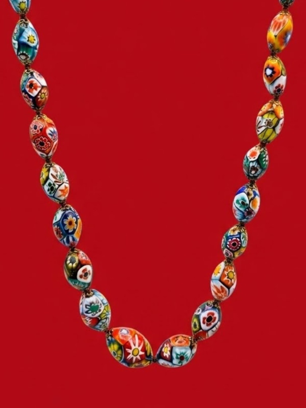Vintage Italian Millefiori Blown Glass Bead Necklace Millefiori Thousand Flowers